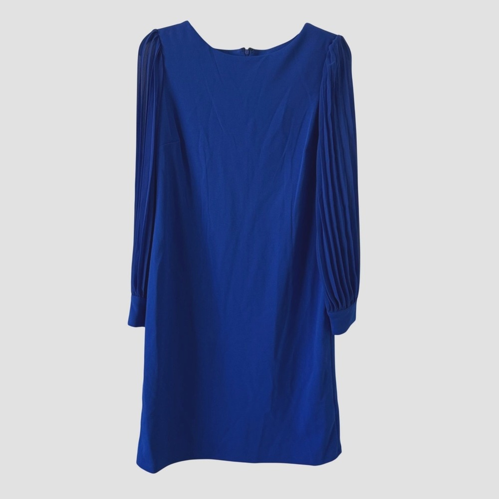 Shelby & Palmer Knee Dress Shift Women 8 Royal Blue Pleated Sheer Sleeve